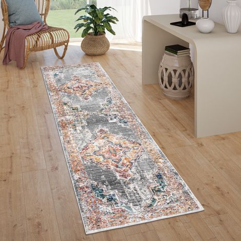 Paco Home Alfombra Salón Pelo Corto Vintage Pastel Motivo Moderno Oriental 80x300 cm, Gris 2 (1/3)