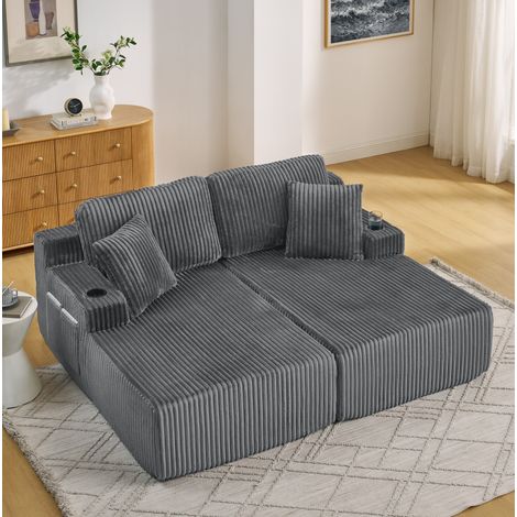 Canapé convertible 2 places gris en mousse et tissu côtelé avec porte-gobelet, poche latérale et coussins amovibles (1/5)