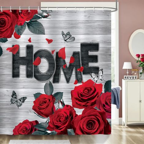 Rideau de Douche Fleur de Rose Rouge Rétro Rideau de Bain Tissu Polyester Anti Moisissure Imperméable Lavable Rideaux Salle de Bain 180 x 180 cm avec 12 Crochets pour Baignoire (1/5)
