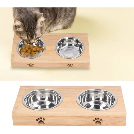 Filiyano – support en bambou – Gamelle double pour chat en acier inoxydable, pratique, élégante et facile à nettoyer, surélevée, avec support en (1/5)