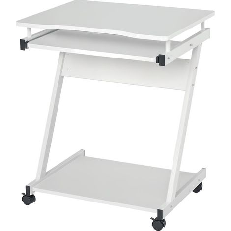 Bureau PC sur roulettes blanc en métal 60x48 cm avec plateau clavier coulissant et étagère, pratique compact (1/5)