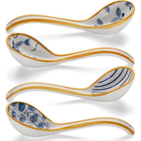 Ensemble de 4 cuillères à soupe japonaises en porcelaine, cuillères à soupe asiatiques à long manche pour pho, ramen, wonton, raviolis et nouilles de riz (1/5)