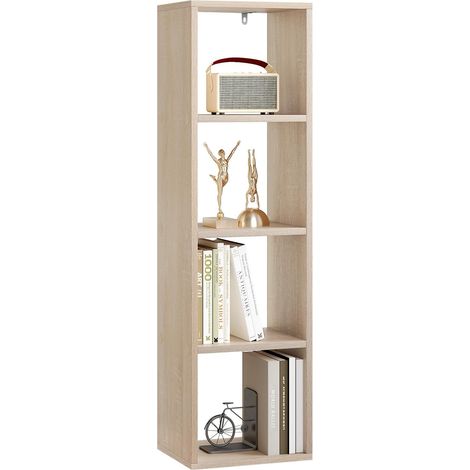 Bibliothèque WOLTU, Étagère Rangement à 4 Niveaux, Étagère Cube, Étagère Livre, 30x106,5x23,5cm, Chêne Clair (1/5)