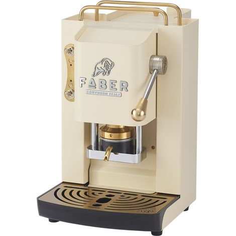 FABER COFFEE MACHINES  Deluxe 3.0  Cafetera ESE 44 mm con válvula magnética, soporte para cápsulas extraíble, bidón de cristal de 1 l y prensa ajustable de latón (Old British White, latón)