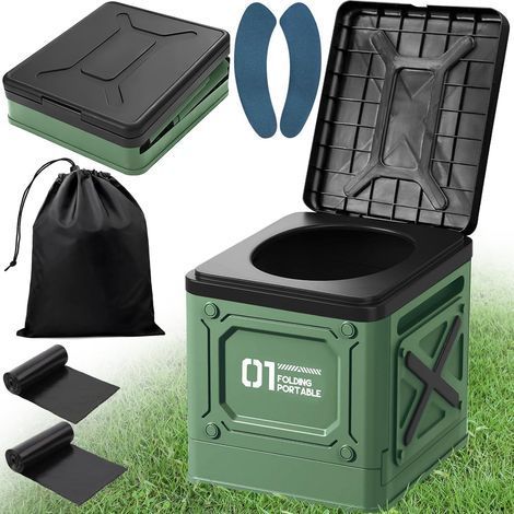 Toilette Portable,Toilette Camping,WC Portable avec Sac Poubelle,Toilette Pliable,Toilettes Portables pour Hommes et Femmes,Toilette Seche Portable,pour Camping,Voyages,Plage (Vert) (1/5)