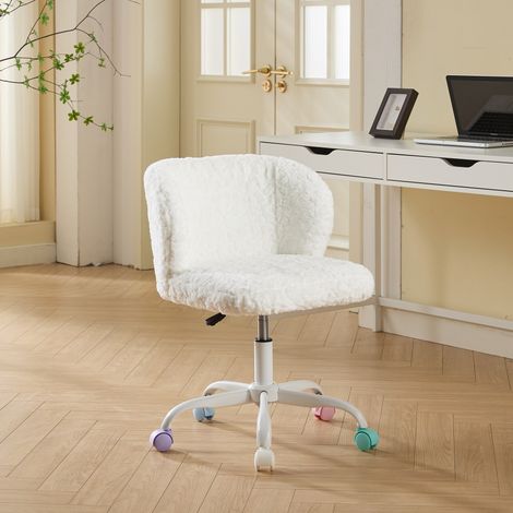 Chaise de bureau fille en fausse fourrure beige crème, fauteuil pivotant réglable avec roulettes silencieuses, chambre/bureau