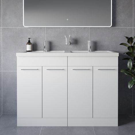Napoli 390 Gloss White 1200mm 4 Door Vanity Unit with Double Lucia Basins - 1200mm - Chrome 160mm Handle
