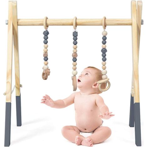GOPLUS Portique d’Eveil Bebe Pliable en Bois, avec 3 Anneaux de Tirage de Jeu, Structure Triangulaire Stable, Arche d’Eveil pour Bebes Plus de 3 Mois, sans BPA, 60 x 44 x 60 CM (Gris) (1/5)