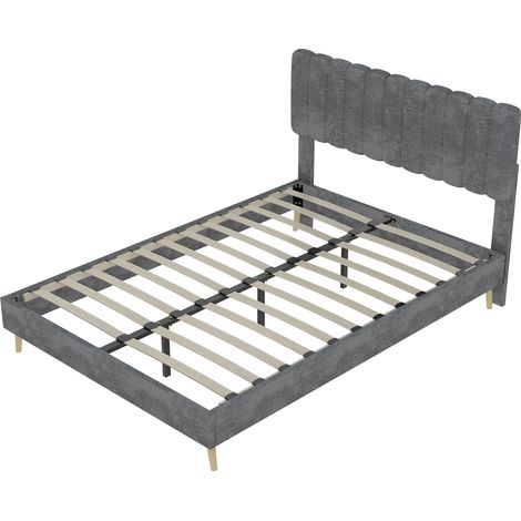 Lit rembourré minimaliste moderne avec tête de lit moelleuse, 160x200 cm, gris, meuble de chambre multifonction, base basse (sans rangement), matelas non inclus. (1/5)