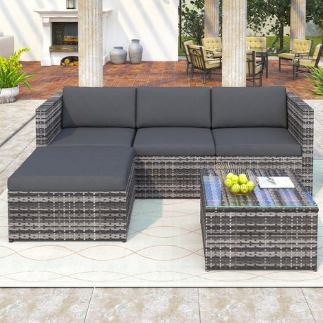 Rattan Garden Furniture Set 4-Seater Outdoor Rattan Furniture Set Garden Lounge Set Outdoor Corner Sofa with Glass Top Coffee Table & Cushions - Grey