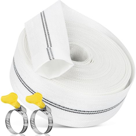Tuyau plat en tissu de 32 mm (1 1/4 pouce) et de 10 m avec 2 clips pour pompes à eau submersibles et autres systèmes de drainage : bassin, irrigation de jardin, spa, piscine ou puisard. (1/4)