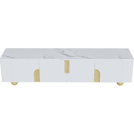 Meuble TV blanc 180 cm avec 4 portes, surface effet marbre et pieds ronds en bois (1/5)