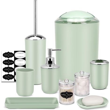Ensemble d'accessoires de Salle de Bain - 8 pièces - Vert - avec Poubelle, Distributeur de Savon, Porte-Savon, Porte-Brosse à Dents, gobelet à Brosse à Dents, Porte-Brosse de Toilette, (1/5)