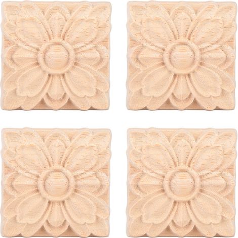 4 pièces Applique Fleur Sculptée Carrée pour Porte Armoire Déco Meuble Non Peinte (2) (1/5)