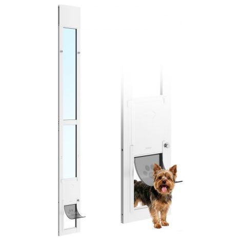 Puerta Corrediza de Vidrio con Entrada para Perros, Altura Ajustable, Puerta para Mascota 20,6 x 13,3 cm, Compatible con Perros Pequeños, Marco de Aluminio, para Patio Balcón Terraza, Blanco (1/5)
