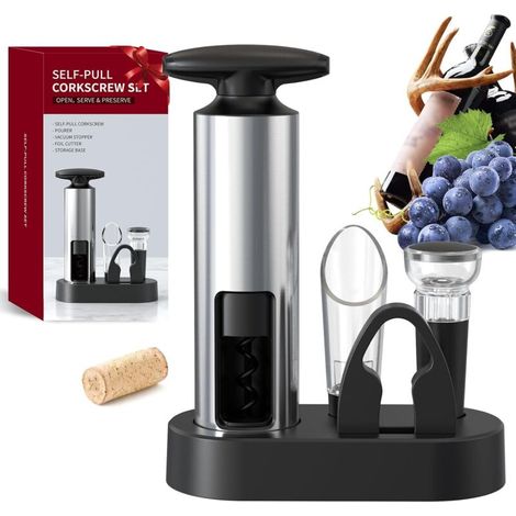 Coffret ouvre-bouteille 4 en 1 Y avec coupe-capsule, verseur, bouchon à vide et base de rangement, tire-bouchon en acier inoxydable. Idéal pour les barmans, les restaurants et la maison. Cadeau parfai (1/5)