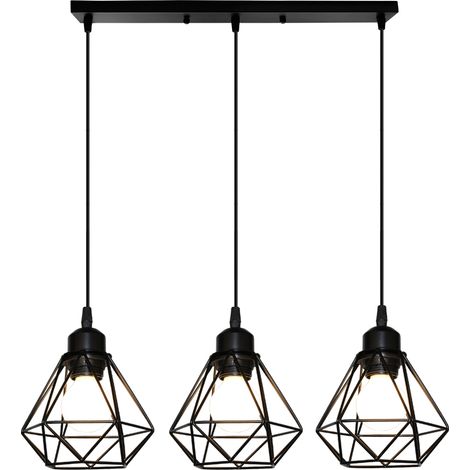 Pendelleuchte, 3 Flammig Pole-Pendelleuchte im Industri Stil, Antik Hängelampe mit Ø16cm Mini Diamant-Form Käfig E27 Halter für Wohnzimmer Schlafzimmer Esszimmer (Schwarz)