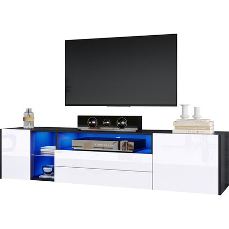 TV-Lowboard mit 2 Schubladen, 2 Schränken und LED, Hochglanzfront, Wohnzimmer, aus Spanplatte, Weiß und Schwarz, 180×40×45 cm (1/5)