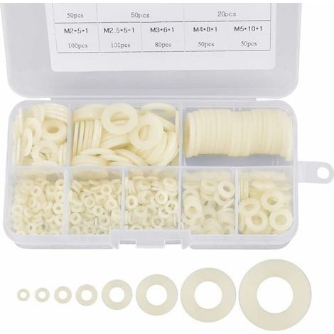 500 pièces rondelles plastique rondelles plates en nylon M2 / M2.5 / M3 / M4 / M5 / M6 / M8 / M10 Rondelle d'Etancheite blanches pour fixations industrielles (1/4)