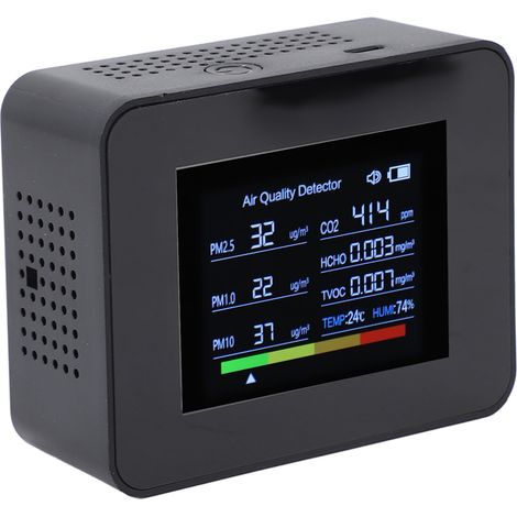 Appareil de mesure de la qualité de l'air intérieur 8 en 1 : détecteur de CO2, capteur NDIR, détection des PM2.5, PM10, PM1.0, HCHO, TVOC, température et humidité, avec alarme, noir. (1/5)
