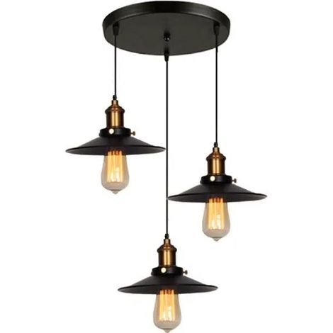 3 Tête Lustre Métal Disque rond Suspension Industrielle E27 22cm Rétro Plafonnier Noir (1/3)