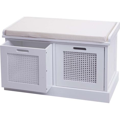Banco en madera de paulownia blanca y MDF con cojines blancos, cajas de almacenaje 47x75x40cm BAN04054