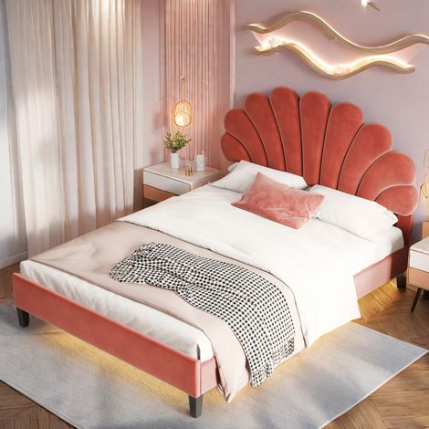 Letto matrimoniale imbottito 140x190 cm, in velluto, con rete a doghe, testiera a forma di fiore, letto per adulti in stile scandinavo - rosso