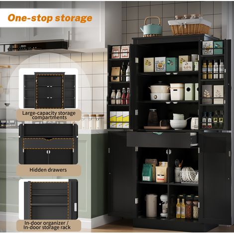 Credenza alta in MDF nero 75 x 40 x 182 cm, con ante, ripiani, cassetto interno e vani portaoggetti (1/5)