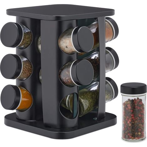 Tourniquet à épices avec 12 Pots en Verre, chacun étant doté d'un Embout tamiseur, remplir, Acier INOX, Noir (1/5)