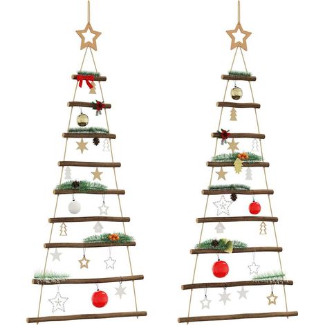 Sapins de Noël Suspendus en Bois Naturel avec Étoile Décoration Murale 2 Pièces 55 x 120 cm - PANGIVO (1/5)