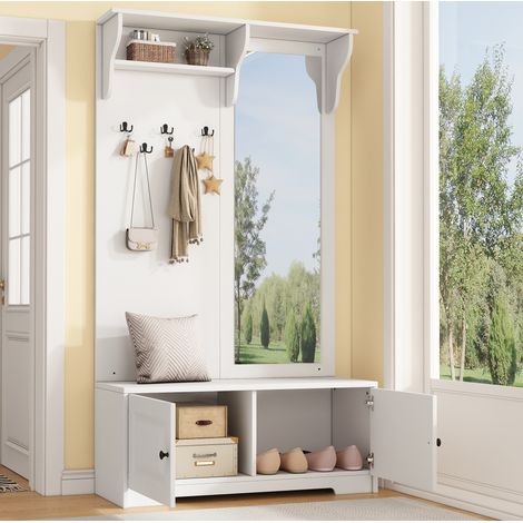 MEUBLIV Vestidor de entrada 100x40x180 cm blanco con espejo, 5 ganchos y zapatero (1/5)