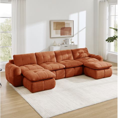 Divano modulare a U 4 posti in ciniglia con 2 pouf, arancione, 334 x 160 x 68 cm (1/5)