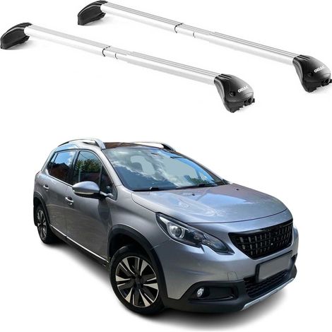 OMAC Barres de toit transversales certifiées TÜV pour Peugeot 2008 I 2013-2019 – Verrouillables (4 antivols) – Charge max 100 kg – Sangle inox + protection caoutchouc Argent (1/4)