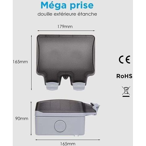 Double prise électrique étanche extérieure IP66 – Prise murale 16A avec couvercle de protection pour jardin. garage et terrasse (1/3)