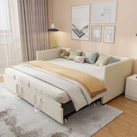 JOOKGBD-Polsterbett Schlafsofa 90/180x200cm,Doppelbett,Ausziehbares Polsterbett,Holz mit Stauraum Schubladen Multifunktionsbett,Samtstoff ,Geeignet für Wohnzimmer,Wohnungen,ohne Matratze,Beige