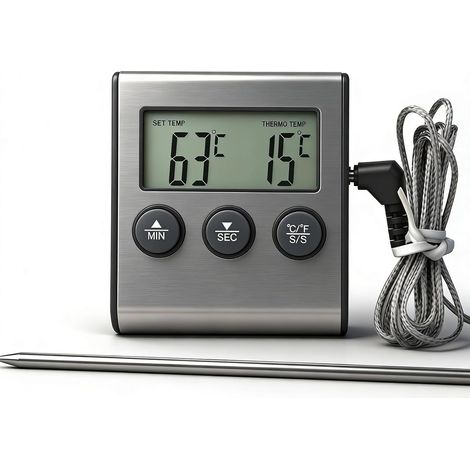 Sonde Temperature Cuisine, Thermomètre Alimentaire Avec Sonde, Thermometre Cuisine pour Fumoir, Four, Barbecue, Gril-Minuterie (1/5)