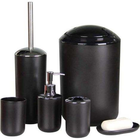 Ensemble d'accessoires de salle de bain, coffret cadeau en plastique de 6 pièces (noir) (1/5)