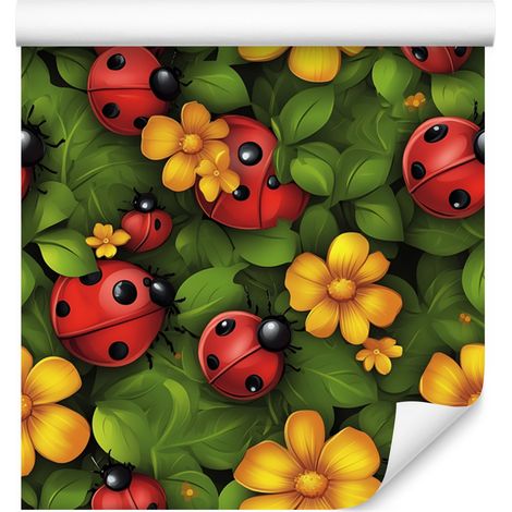 Carta da parati con coccinelle, verde oliva e rosso, per soggiorno e camera da letto, 50x1000 cm. (1/5)