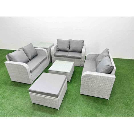 Fimous 7 Seater PE Wicker Rattan Furniture Sofa Sets with Square Coffee Table 2 Seater Love Sofa Big Footstool Side Table Light Grey (1/5)