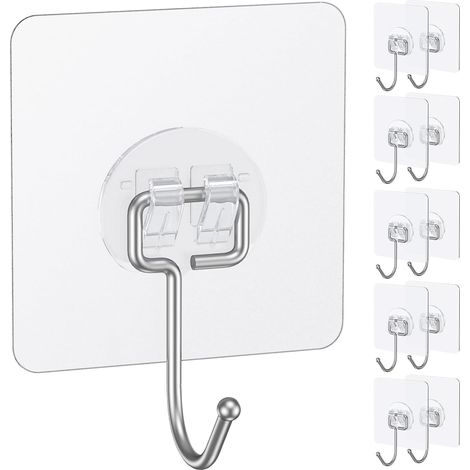 10 Crochets Adhésifs Grands pour Suspension Résistance 15 kg Max Crochets Muraux Résistants Porte-Images Transparents Étanches hook Auto-Adhésifs pour Extérieur/Salle Bain/Cuisine/Bureau (1/5)