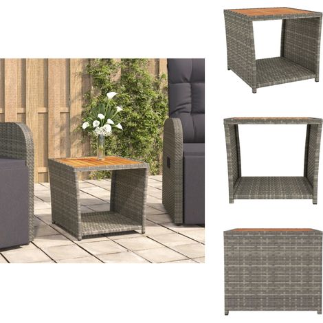 Beistelltisch mit Holzplatte Grau Poly Rattan & Akazienholz - Gartentisch - Außentisch - Bistrotisch - Balkontisch - Esszimmerset