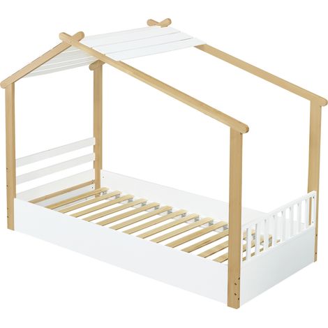 Letto casetta per bambini in legno 90 x 200 cm bianco e naturale con rete a doghe (1/5)