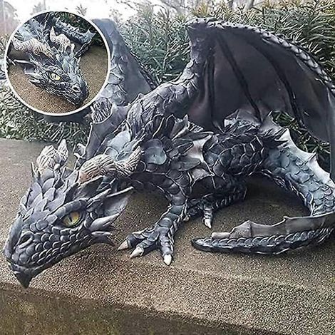 Grande sculpture de dragon accroupi pour jardin - Statue de dragon gardien - Sculpture de dragon décorative de style gothique (1/5)