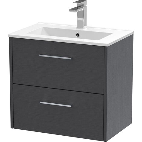 Winshill Contemporary 2 Drawer Wall Hung Vanity Unit with Minimalist Basin, Woodgrain Dark Grey, 600mm