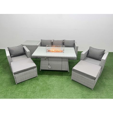 Fimous 7 Seat PE Rattan Lounge Sofa Set Outdoor Garden Furniture Set with Firepit Dining Table 3 Seater Sofa 2 Big Footstools Side Table Light Grey (1/5)