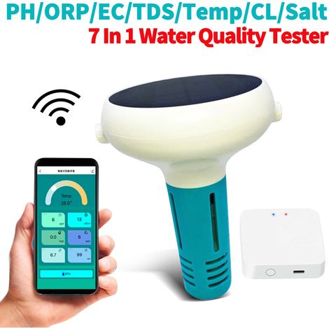 WiFi 7-en-1 Testeur d'Eau – PH, ORP, EC, TDS, Sel, Température, Chlore, Moniteur pour Piscine et Spa, Écran Digital, App Mobile, Affichage à Distance (1/5)