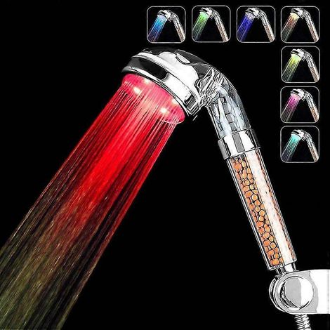 Pommeau de douche LED, pommeau de douche à main haute pression avec 7 couleurs changeantes, filtre économe en eau, compatible avec les peaux et les cheveux secs. (1/5)