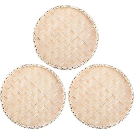 Lot de 3 paniers en bambou tressé, plats et ronds, pour fruits et aliments. (1/5)