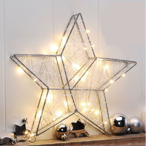 Metall Weihnachtsstern in silber mit Timer - 40 LED / 30 cm - LED Tischdeko Fensterdeko Weihnachten Advent Winter Batterie betrieben