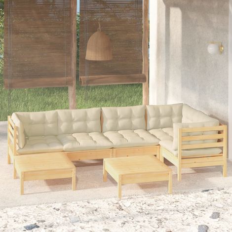 Salon de jardin 7 pcs avec coussins crème bois de pin massif (1/4)